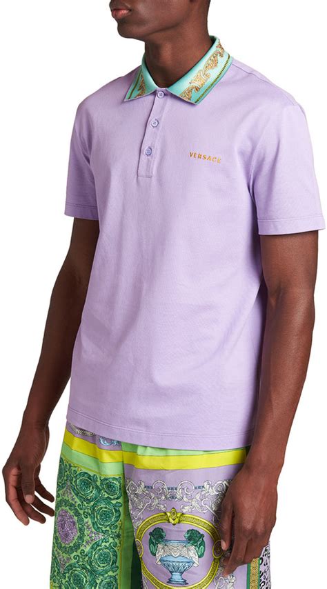 Versace Men's Pastel Pique Polo Shirt w/ Baroque Collar